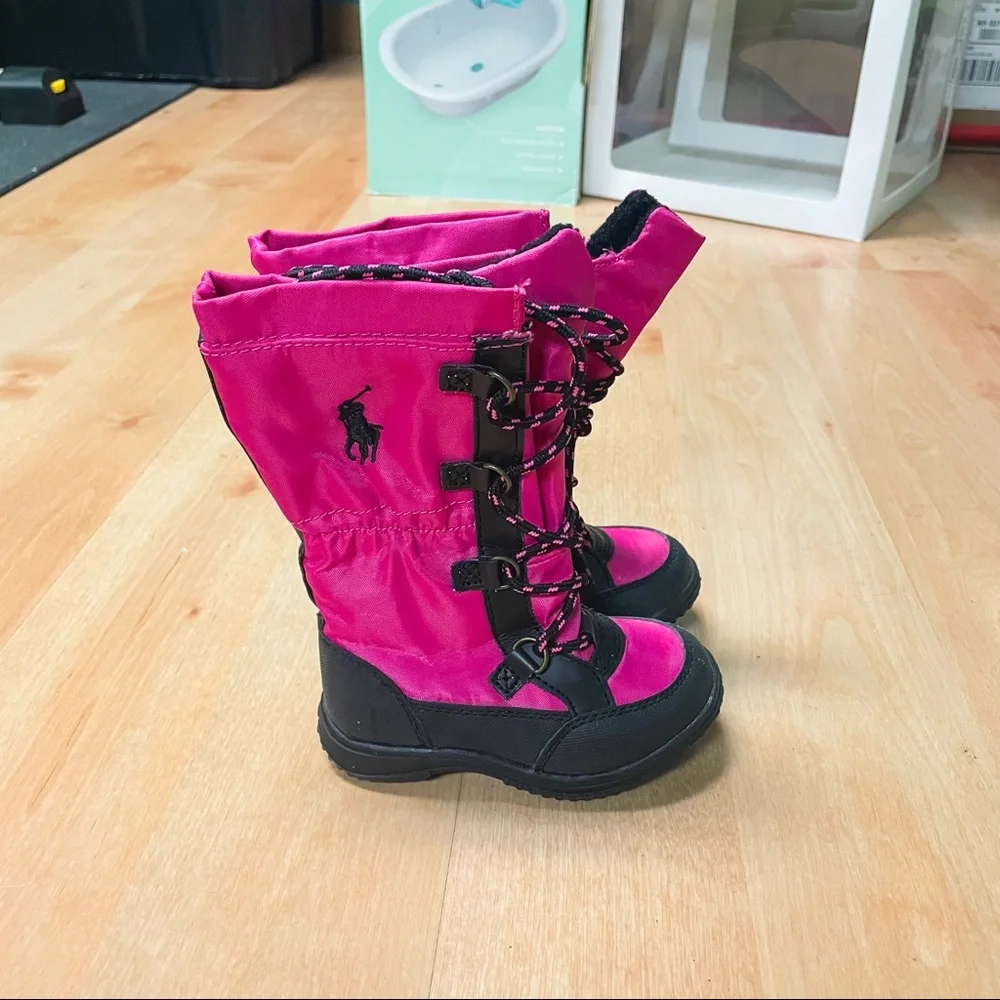 Polo Ralph Lauren Pink Black Knee Height Rubber Sole Rain Boots Toddler Size 5